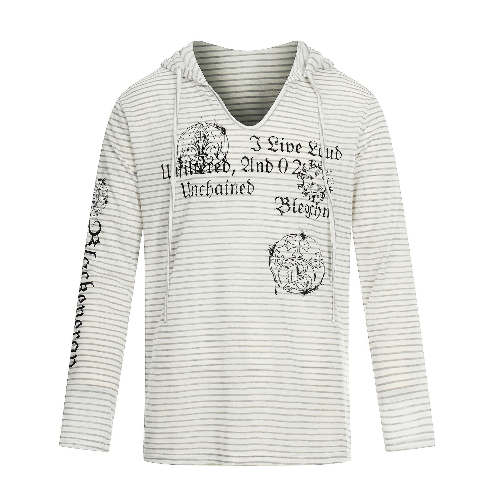 Women's Lightweight Hooded Long Sleeve with V-Neck, Striped Pattern and Vintage Print Chichicherry