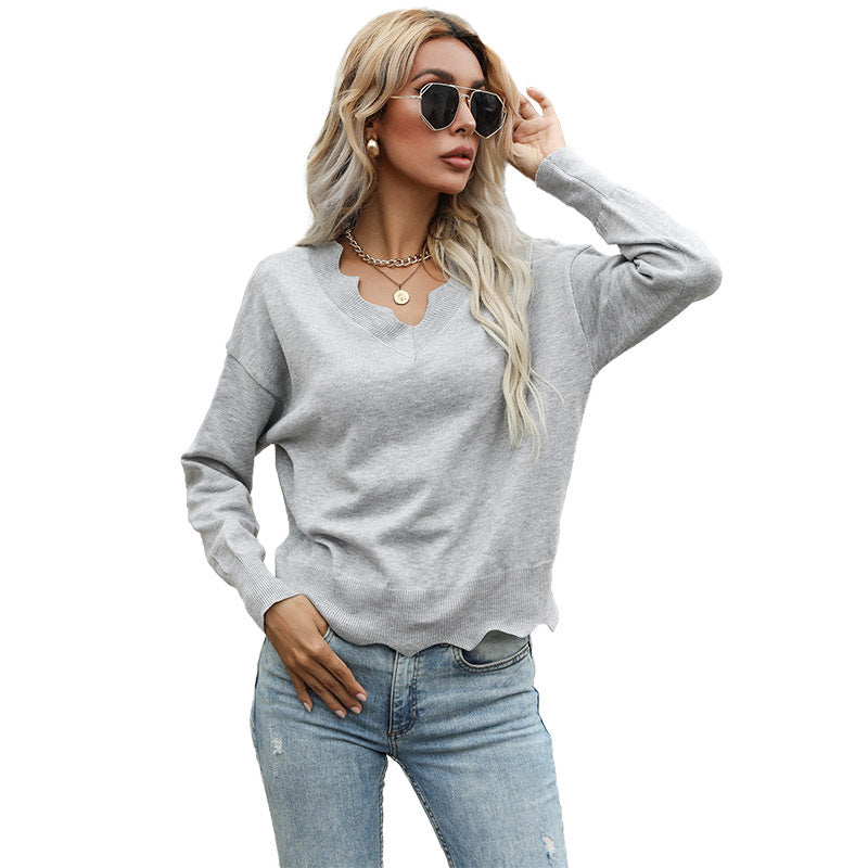 Women's Fine V-Neck Sweater with Wave Hem and Fine Ribbed Cuffs Chichicherry