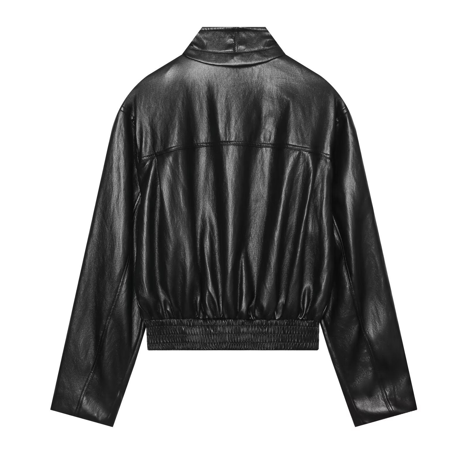 Women's short jacket in vintage leather look with stand-up collar, zipper and wide ribbed cuffs Chichicherry