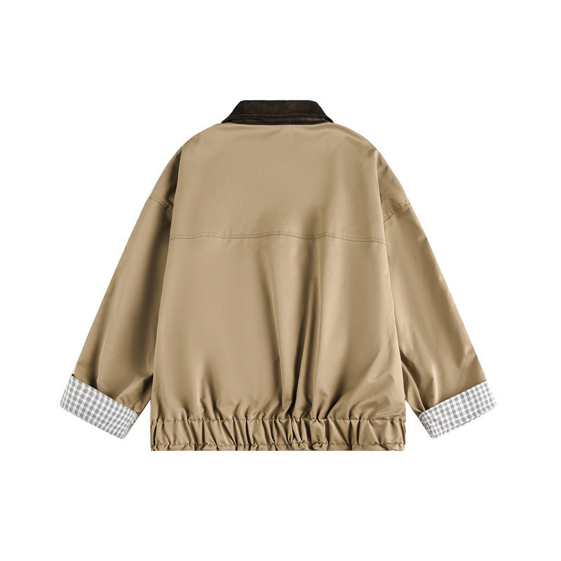 Unisex Short Cut Boxy Blouson Jacket with Cord Collar and Checked Sleeve Cuff Chichicherry