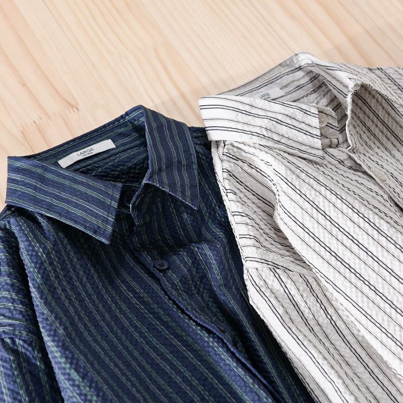 Men's Lightweight Striped Cotton-Linen Layering Overshirt with Kent Collar, Chest Pocket, and Crinkle Texture Chichicherry