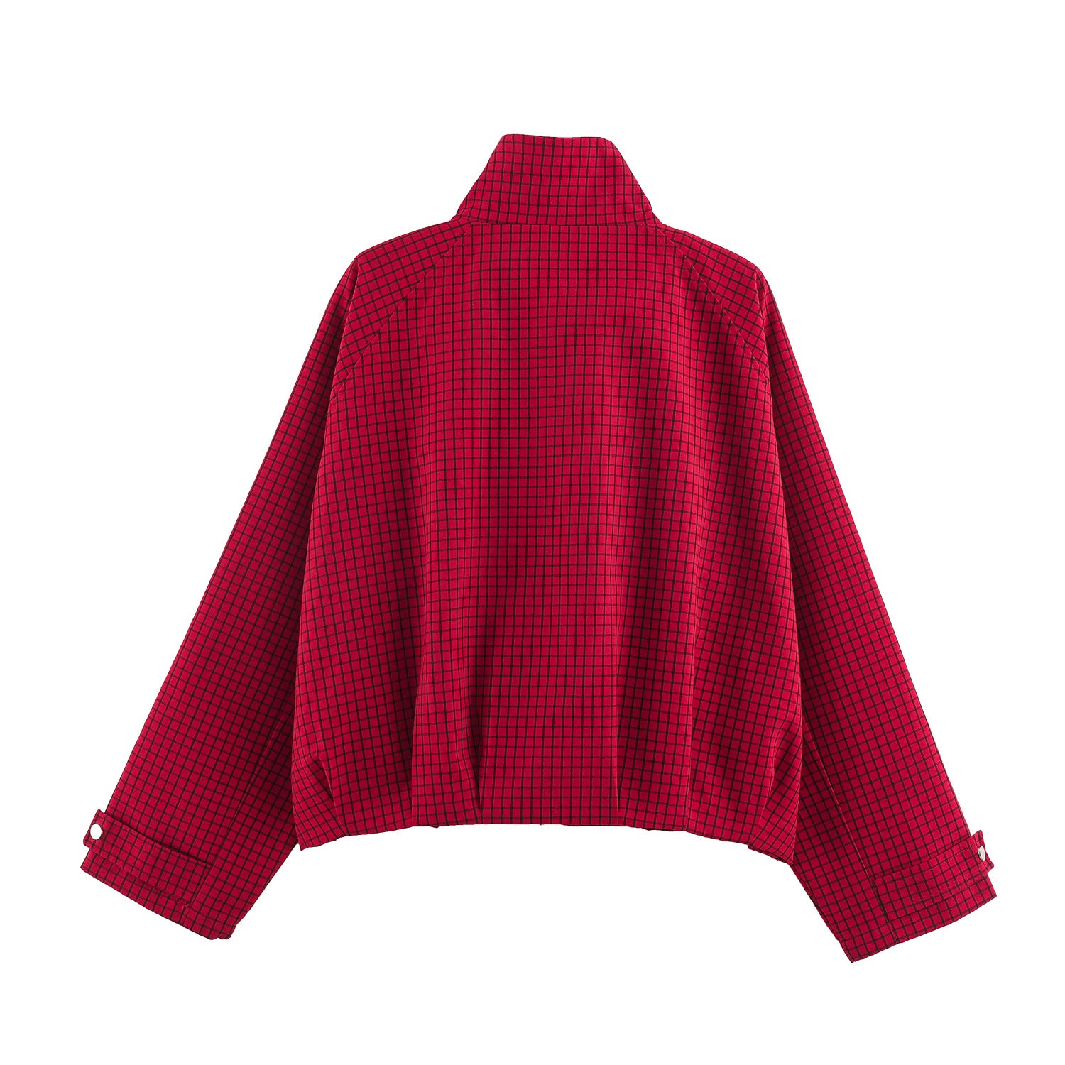 Women Oversize Boxy Bomber Jacket with Stand-Up Collar, Checkered Pattern and Elastic Hem Chichicherry