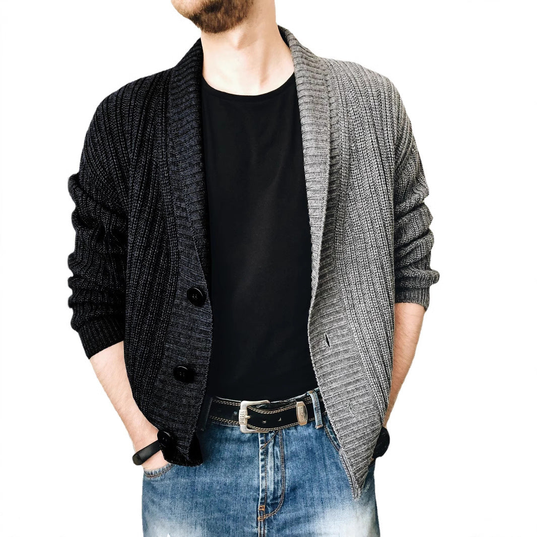 Men's chunky knit cardigan with shawl collar, ribbed texture and distinctive buttons Chichicherry