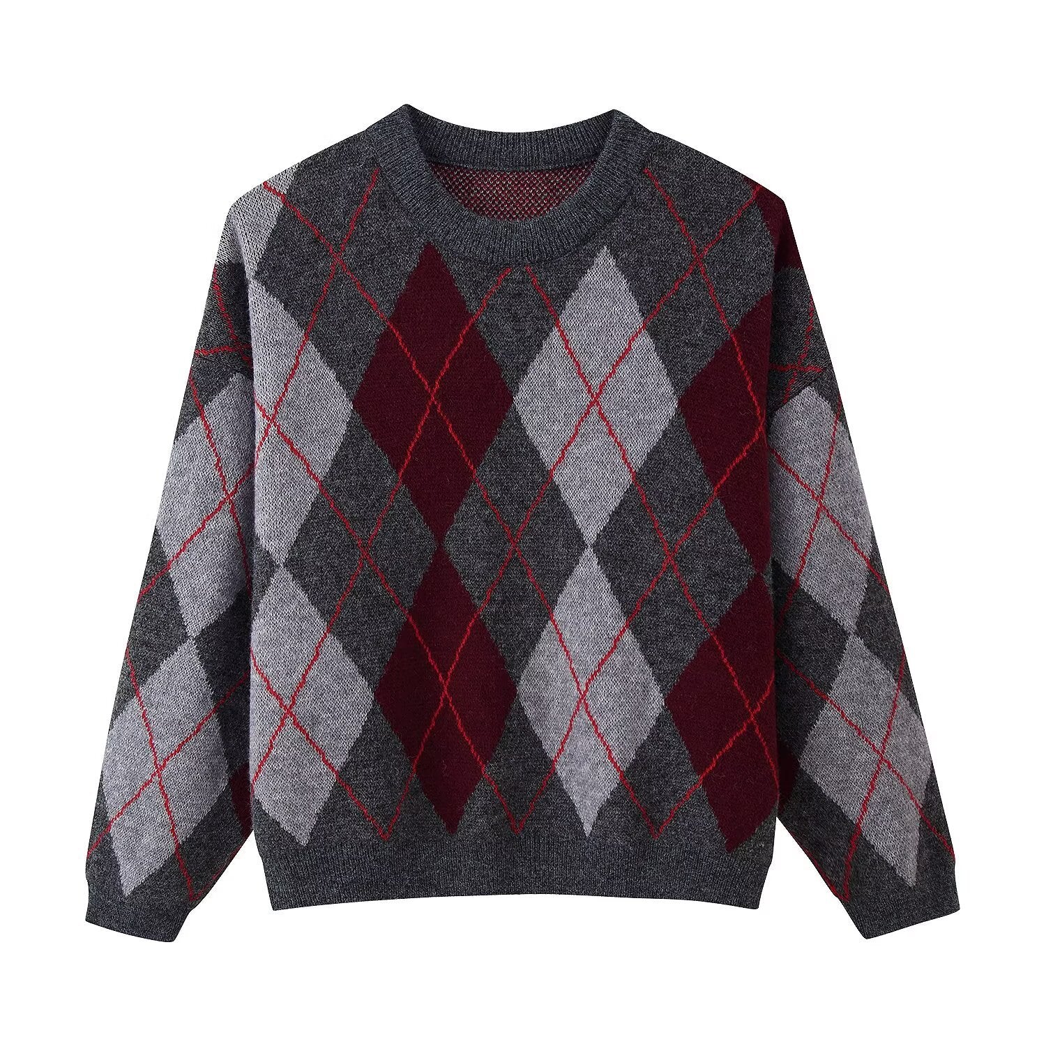 Women's Diamond Argyle Knit Sweater with Round Neck and Slightly Oversized Cut Chichicherry