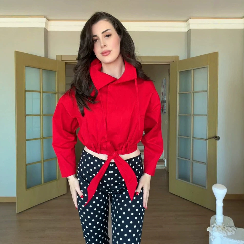 Women's Oversize Short Jacket with Waist Belt and Shirt Collar Chichicherry