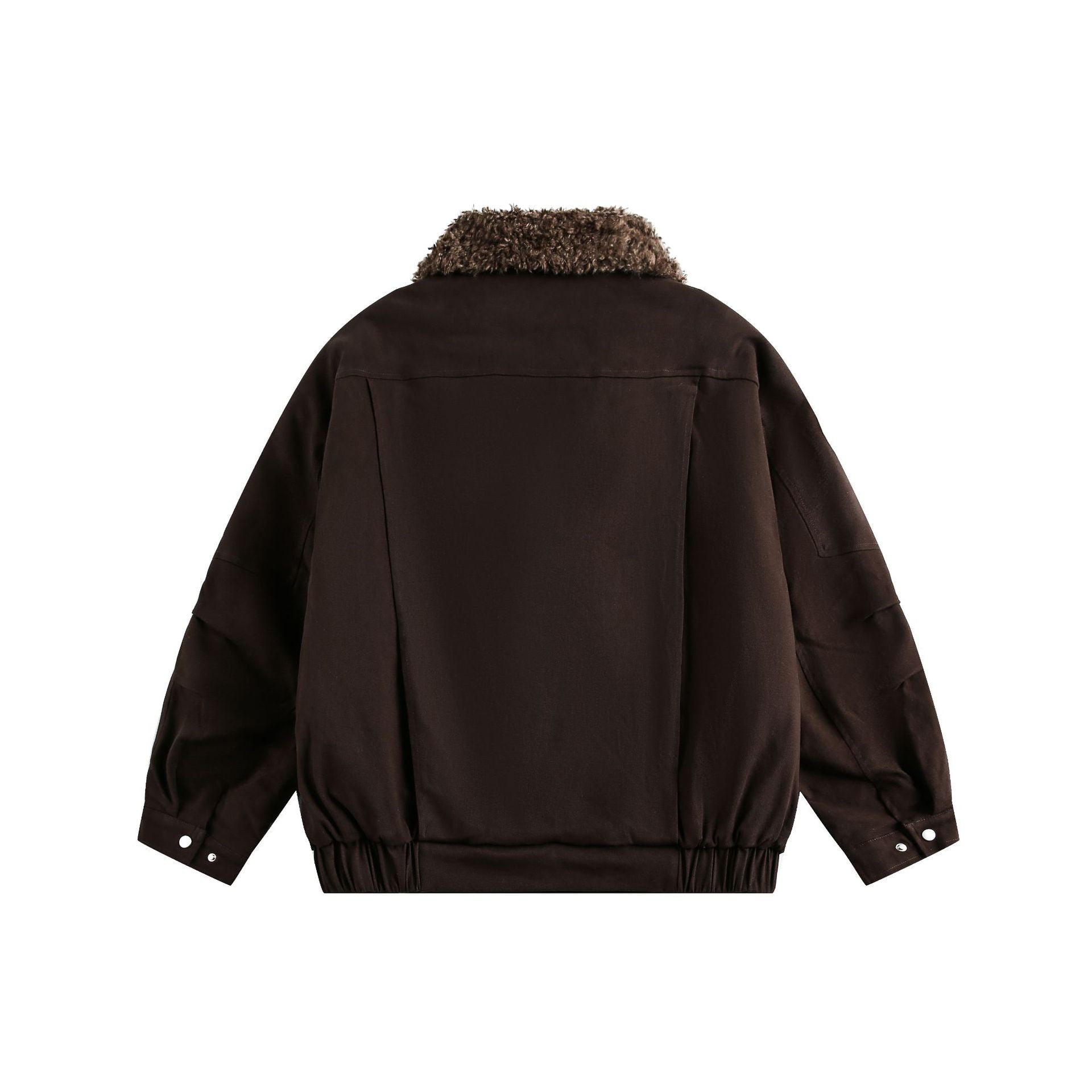 Men's short pilot-style jacket with generous teddy fur collar and elastic waistband.