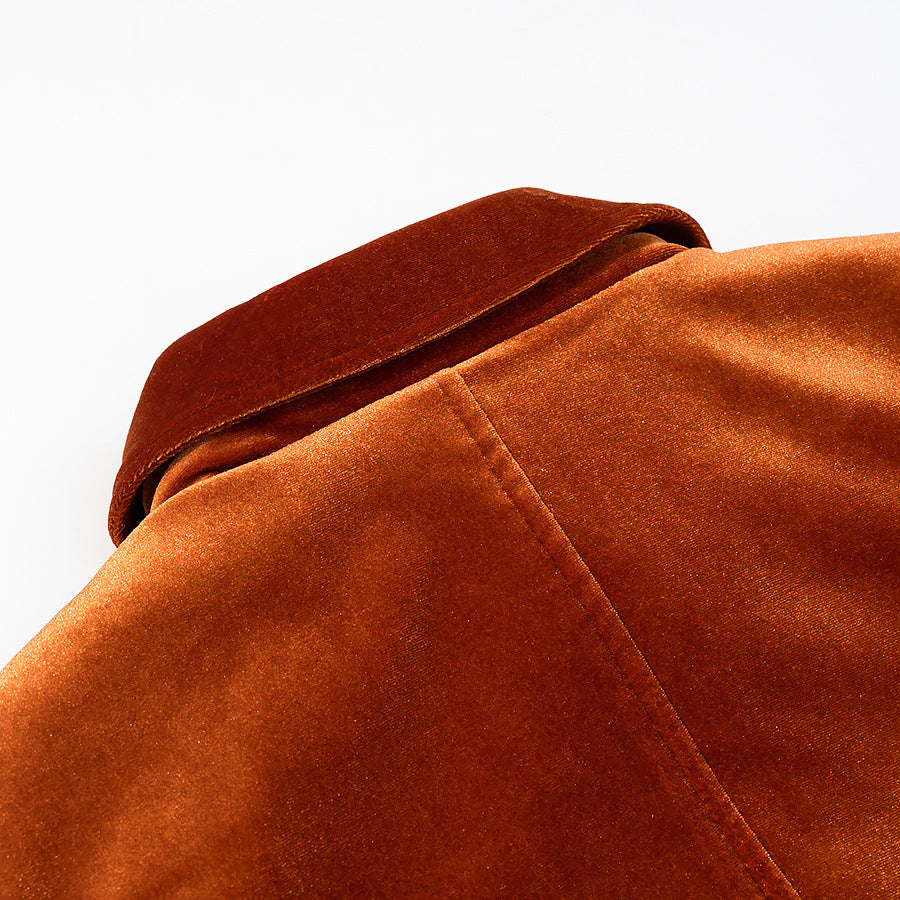 Women's Velvet Boxy Jacket with Flap Pockets and Golden Decorative Buttons Chichicherry