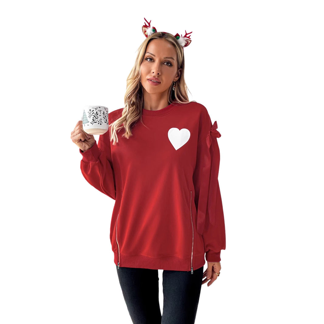 Women's Christmas sweatshirt pullover with heart appliqué and side bows Chichicherry