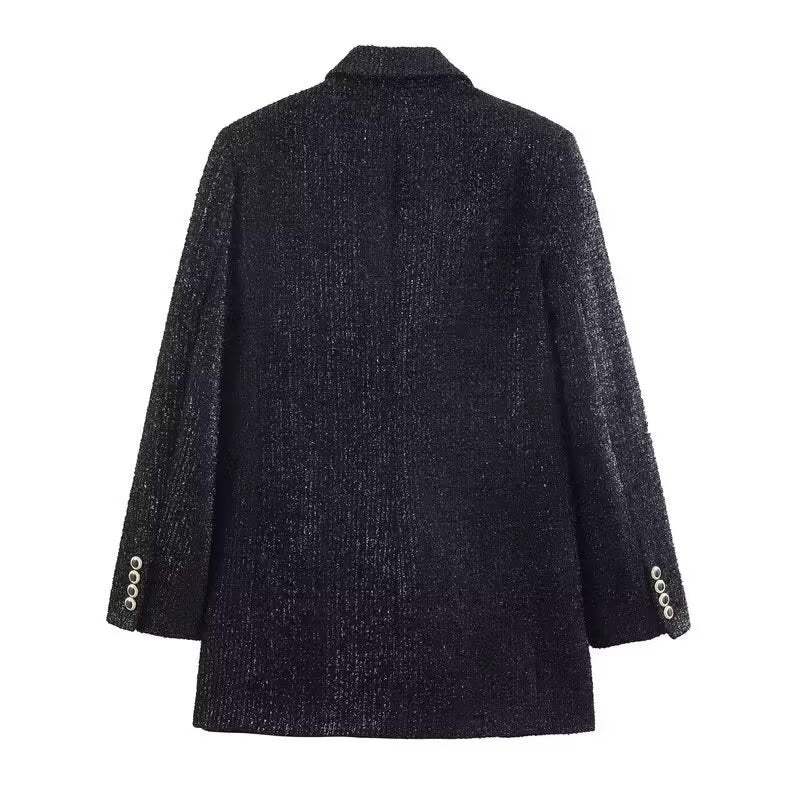 Ladies Double-breasted Boucle Blazer Coat with Lapel Collar and Decorative Metal Eyelets Chichicherry