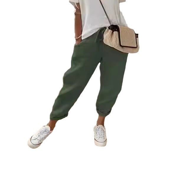Women's linen jogger pants with drawstring, loose tapered fit and rolled hems Chichicherry