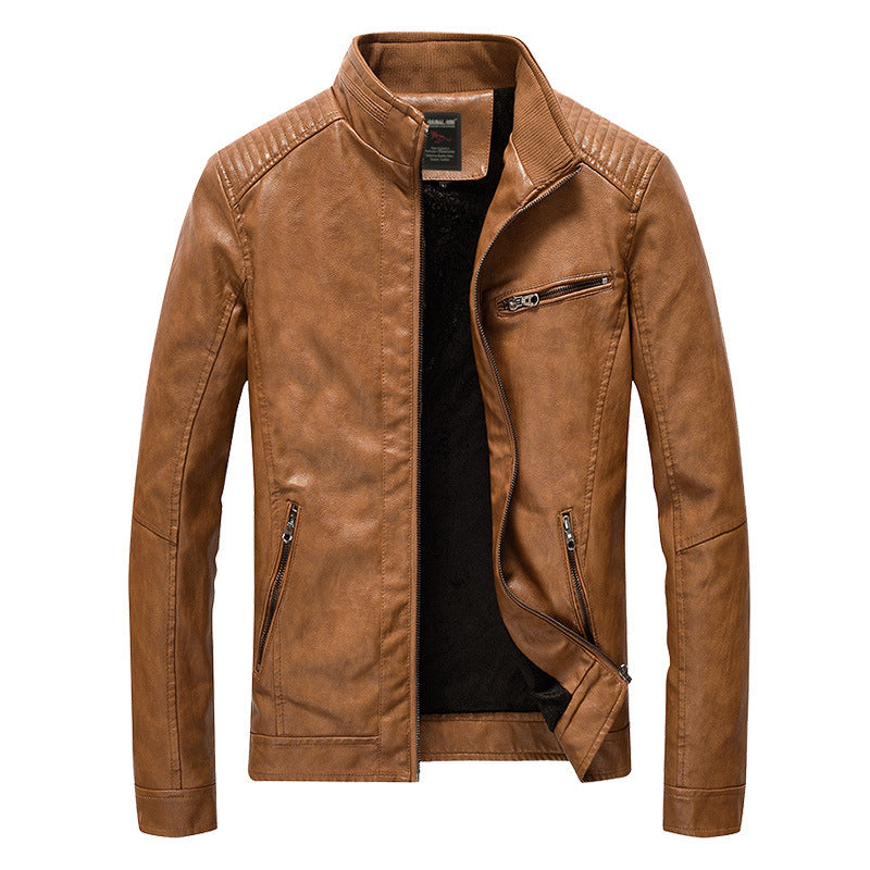Men's Faux Leather Moto Jacket with Stand Collar, Quilted Shoulders and Warm Inner Lining Chichicherry