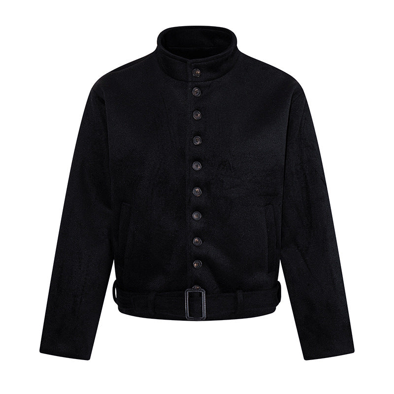 Men's Short Wool Blend Jacket with Stand-up Collar, Full Button Placket and Waist Belt Chichicherry
