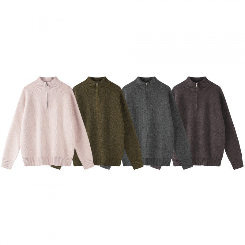 Men's coarse knit half-zip pullover with stand-up collar and raglan sleeves Chichicherry