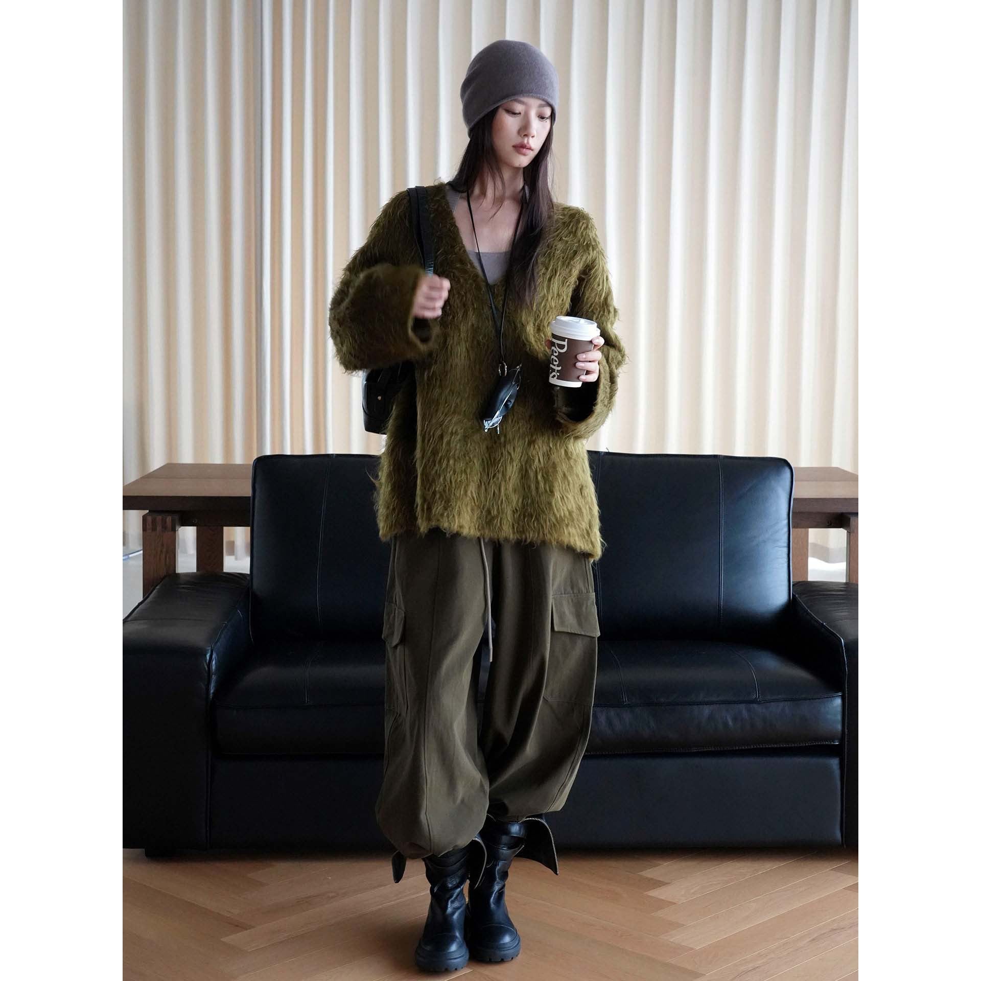 Women Cozy V-Neck Flokati Cardigan with Oversize Silhouette Chichicherry