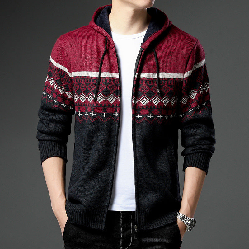 Men's Knit Zip Hoodie with Norwegian Pattern, Hood and Side Pockets Chichicherry