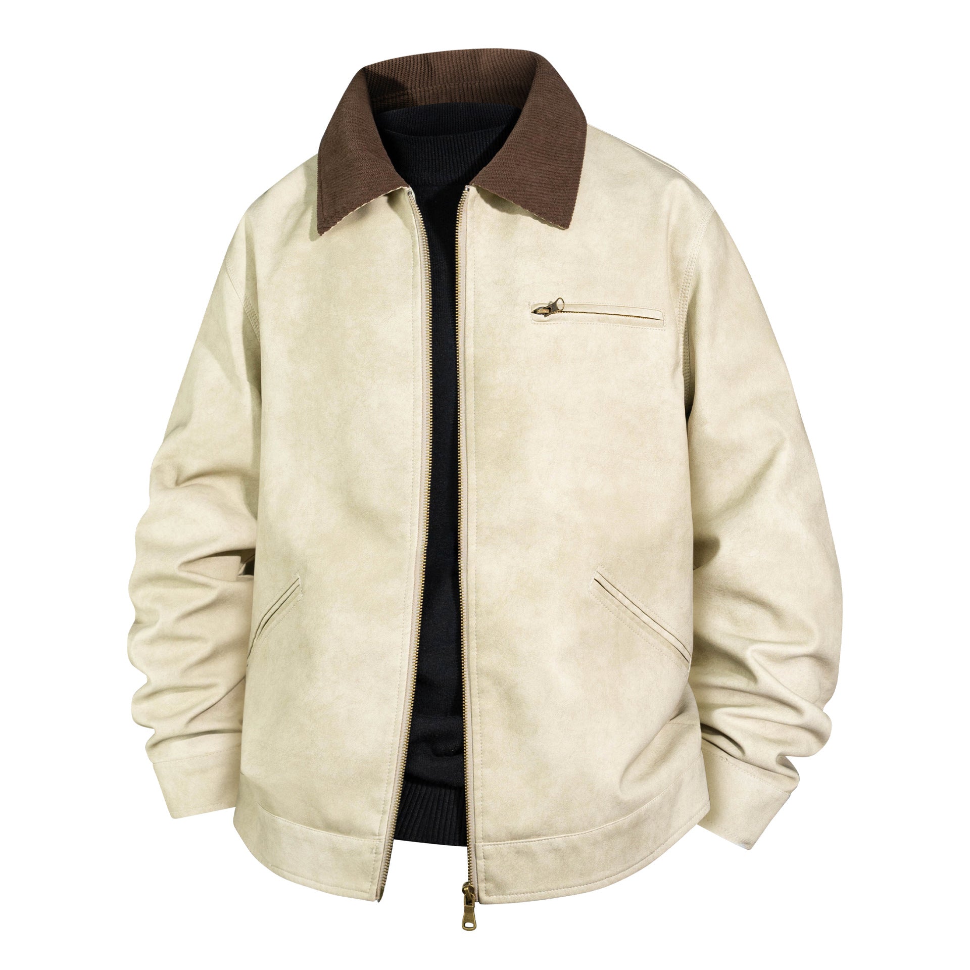Men's Vintage Leather Bomber Jacket with Ribbed Collar Chichicherry