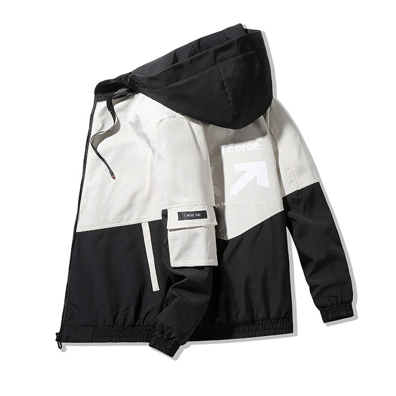 Men's Colorblock Hooded Utility Jacket with Print Details and Tactical Pockets Chichicherry