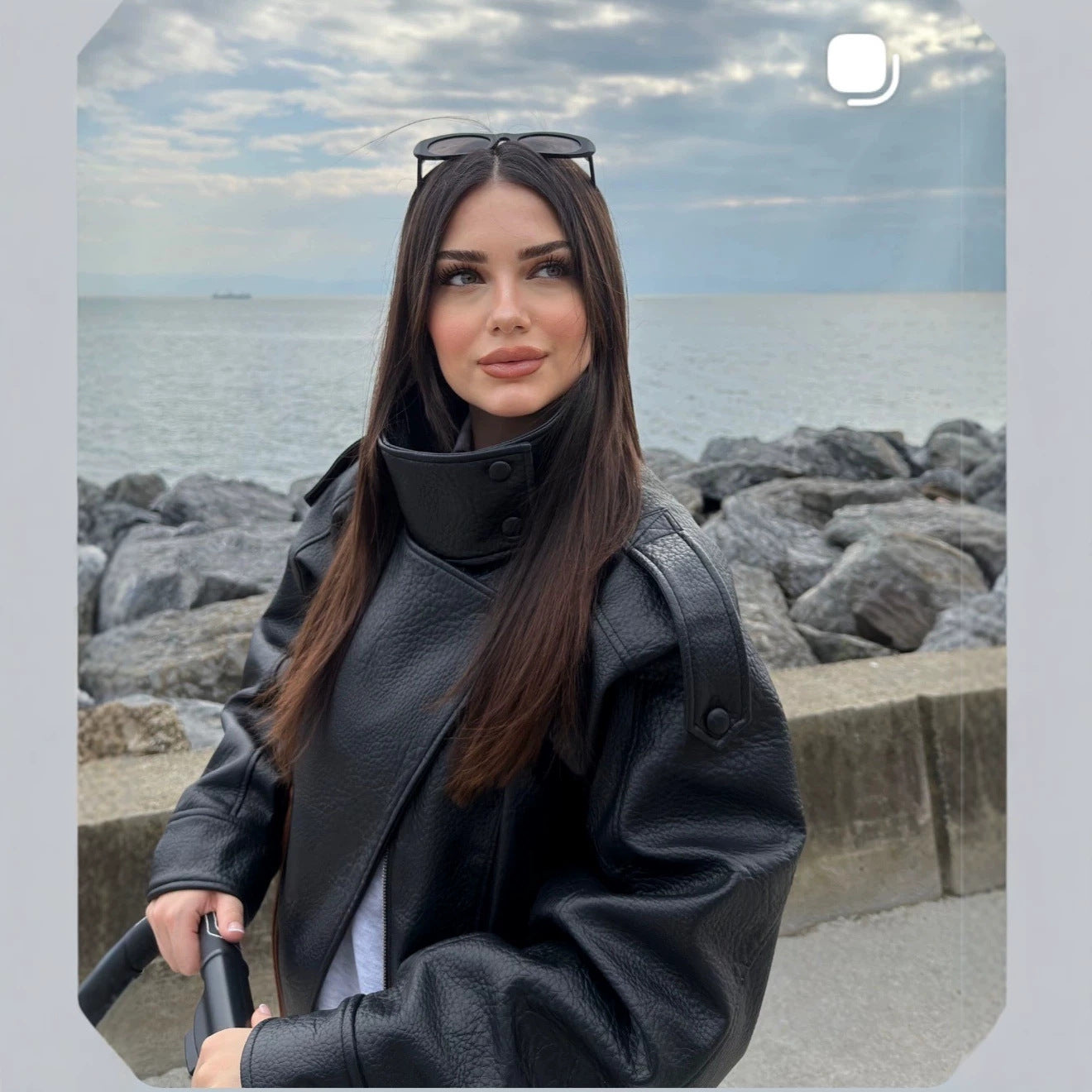 Women's cropped leather blouson with high stand collar, boxy silhouette, and voluminous sleeves Chichicherry