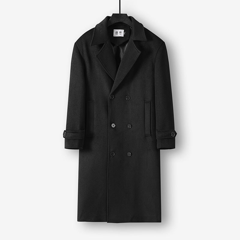 Men's Long Double-Breasted Wool Coat with Minimalist Silhouette and Shawl Collar Chichicherry