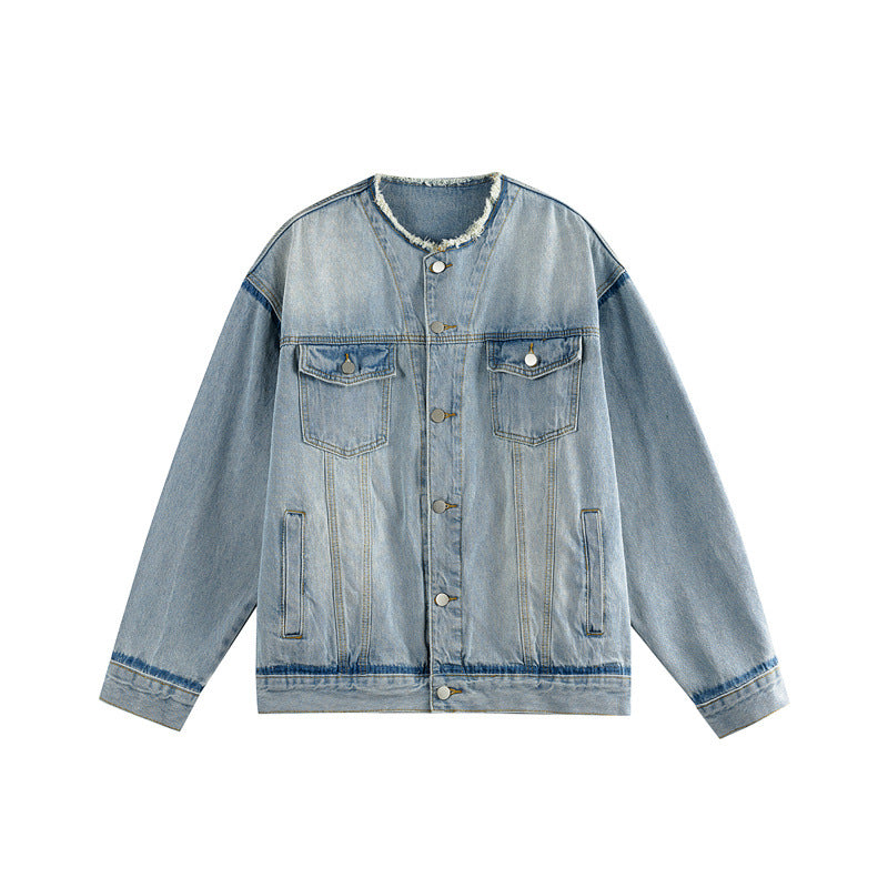 Men's Oversize Denim Jacket without Collar with Raw Neckline and Flap Pockets Chichicherry