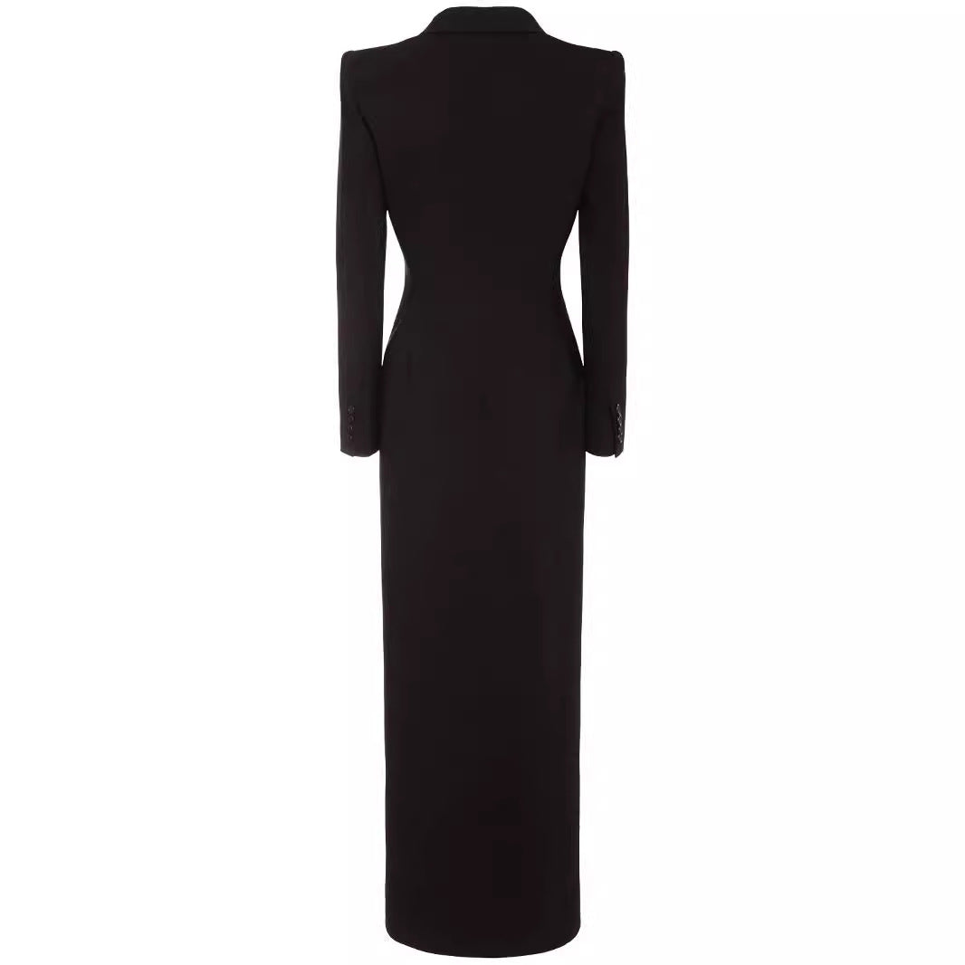 Women’s long tailored blazer dress with deep V-neckline and structured shoulder pads Chichicherry