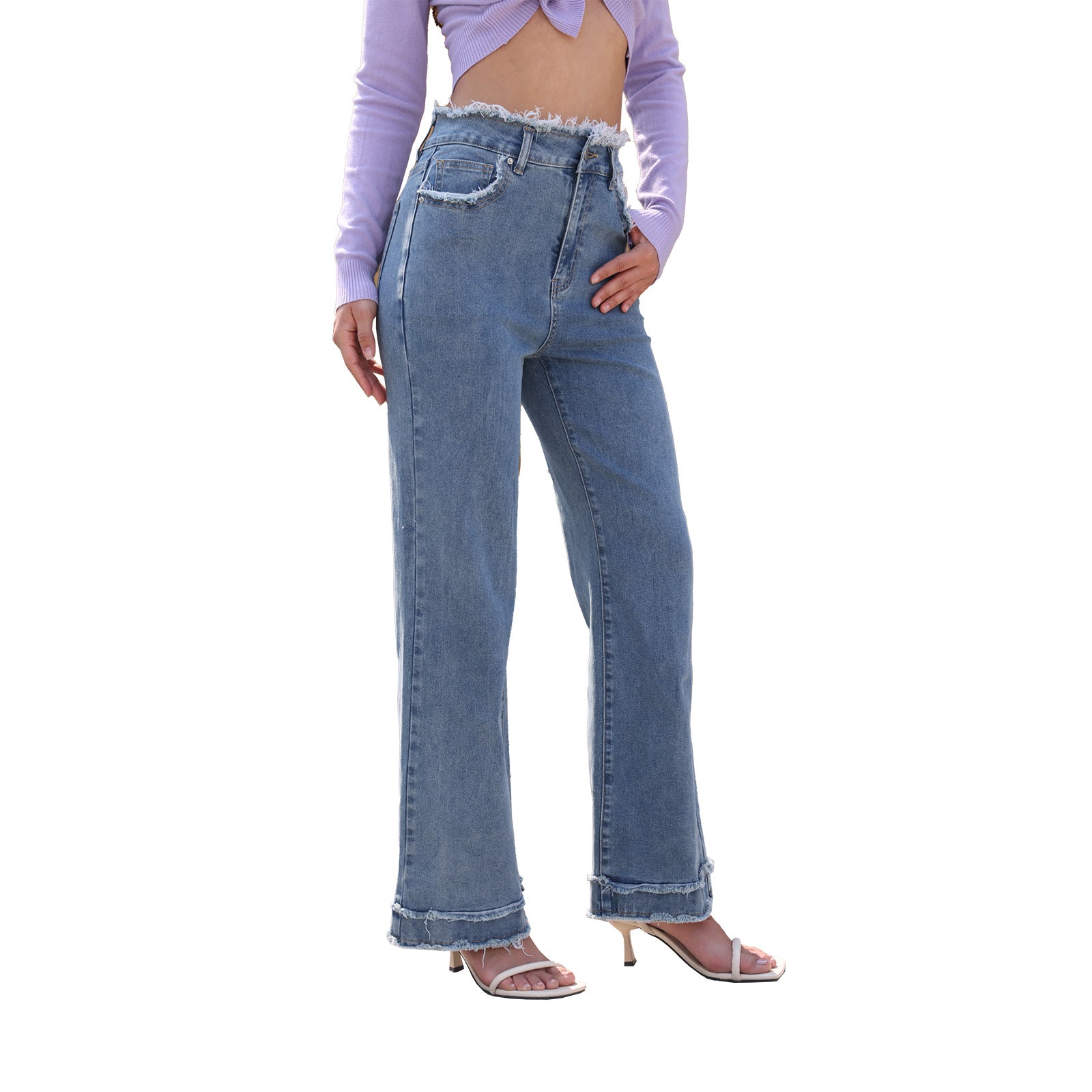 Women High-Waisted Denim Pants with Frayed Waist and Wide Leg Chichicherry