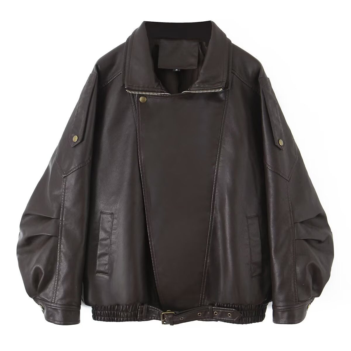 Women's Oversized Faux Leather Bomber Jacket with Asymmetrical Zipper and Waistband Chichicherry