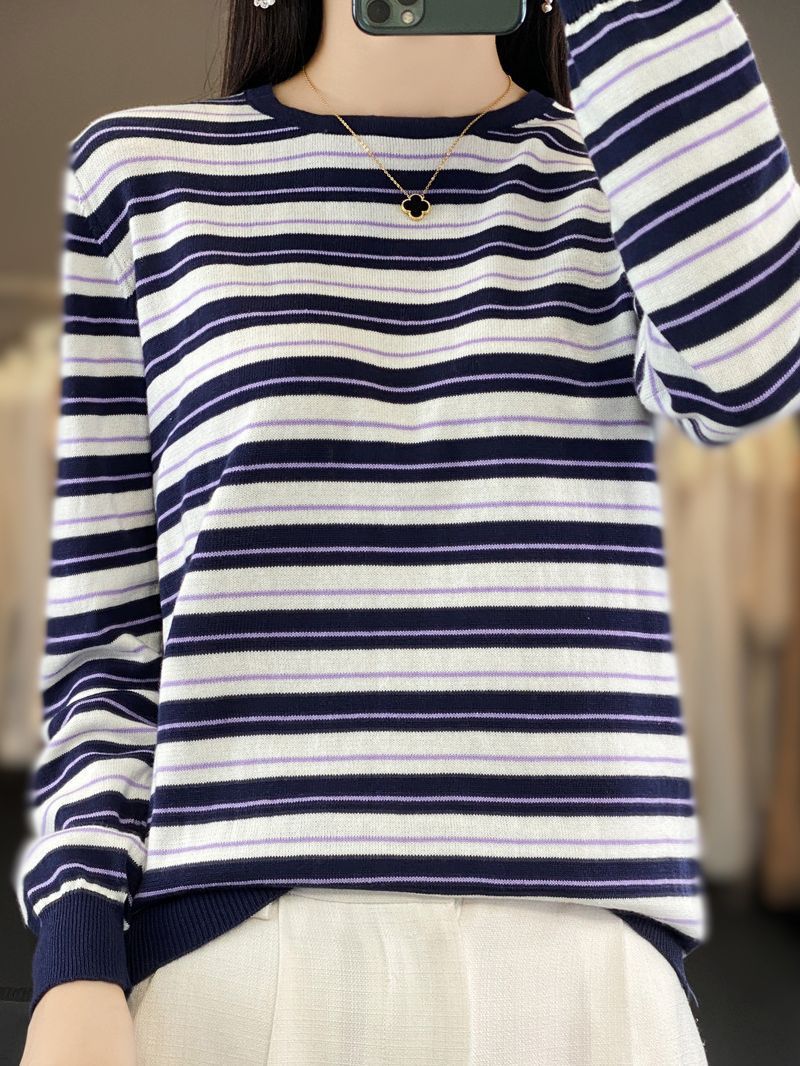 Women's Casual Striped Fine Knit Sweater with Boxy Silhouette and Contrasting Ribbed Cuffs Chichicherry