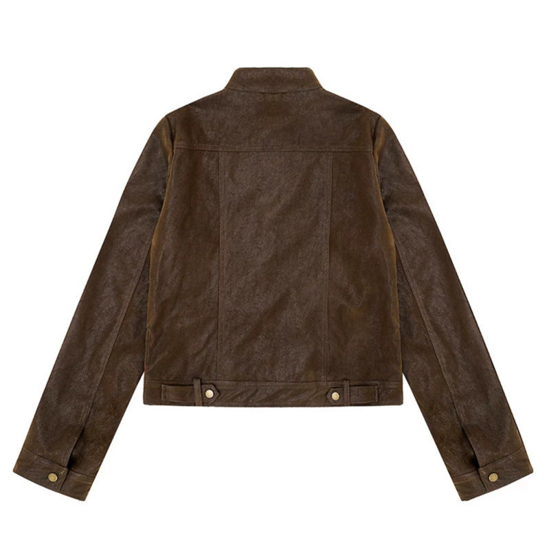 Women Short Cut Faux Leather Jacket in Vintage Moto Style Chichicherry
