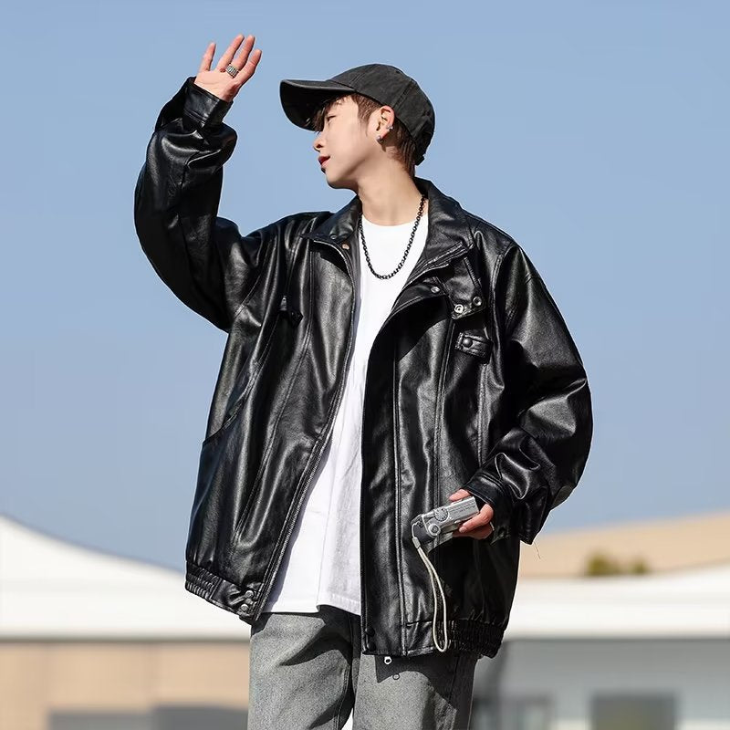 Herren Oversized Kunstlederjacke im Bomberstil mit Stehkragen und elastischem Saum Chichicherry