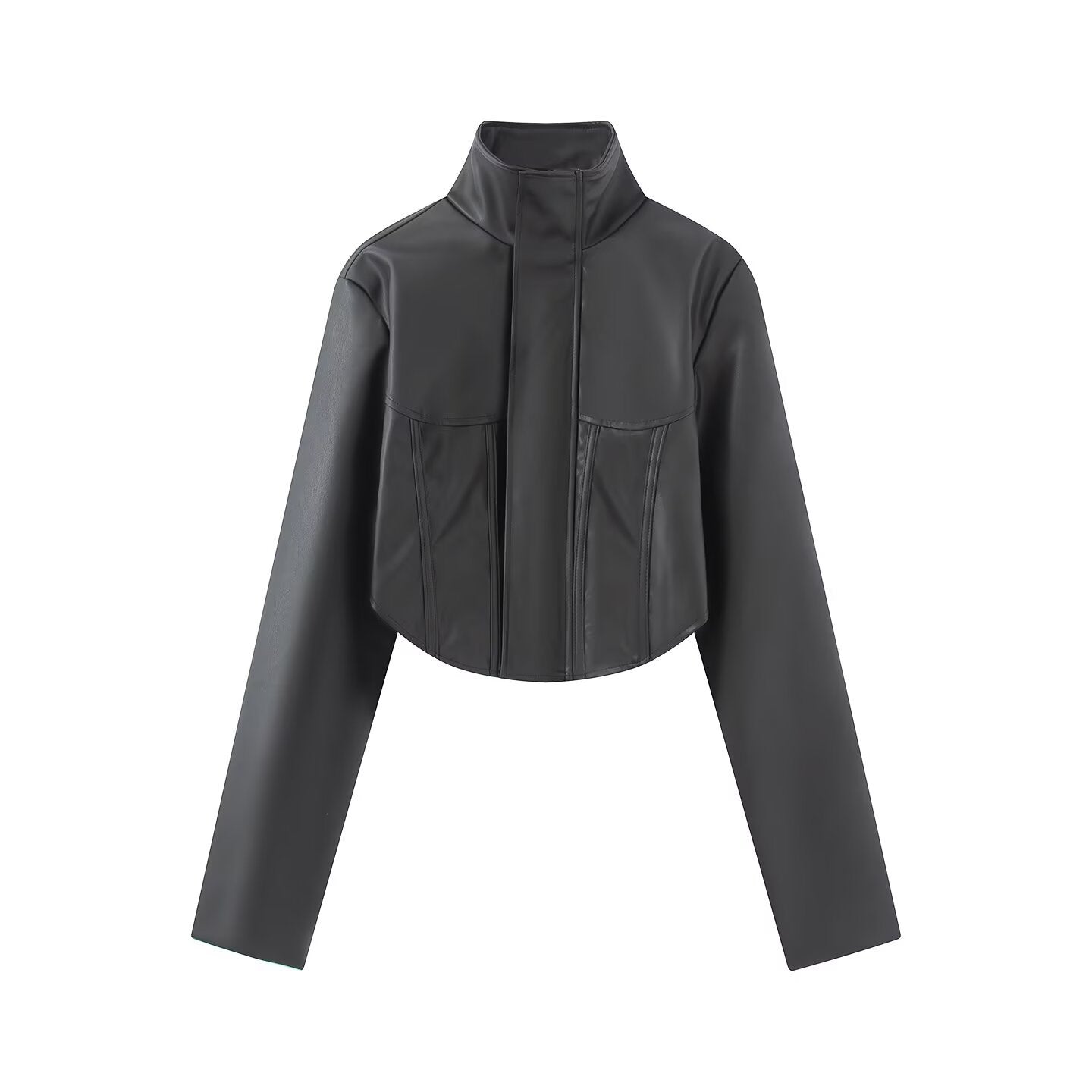 Ladies Cropped Leather-look Jacket with Tailored Corset Division and Standing Collar Chichicherry