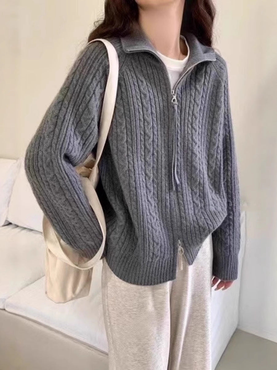 Women's Kastiger Cable Knit Cardigan with Two-Way Zipper, Stand-Up Collar and Wide Ribbed Hem Chichicherry