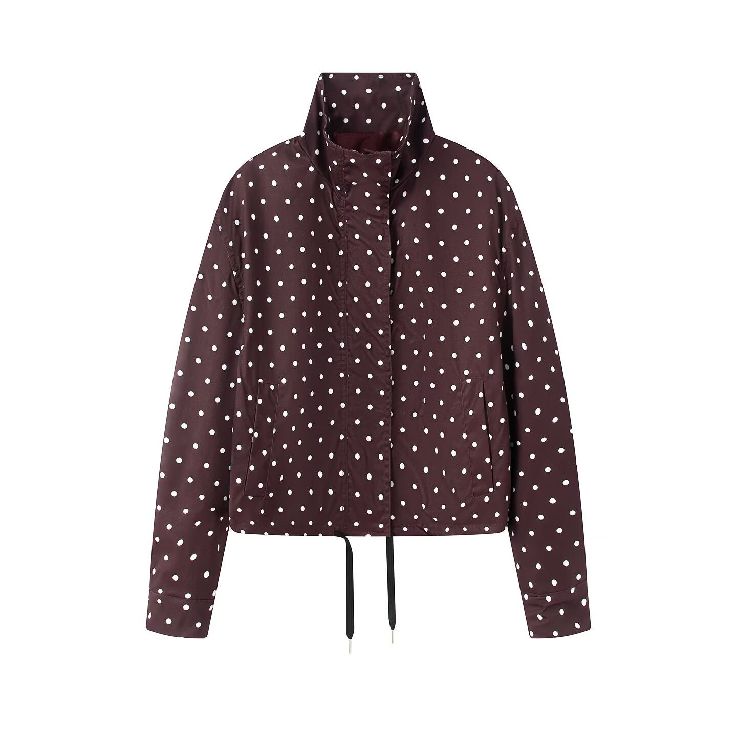 Women's Short Dotted Rain Jacket with Stand-Up Collar and Drawstring Chichicherry
