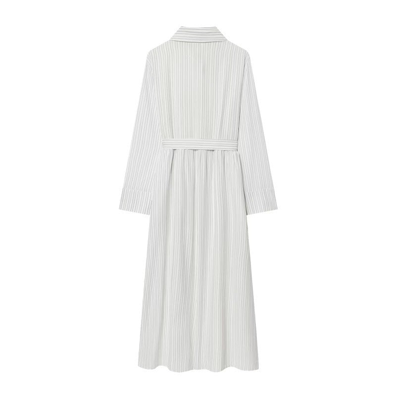 Women Long Shirt Dress with Waist Belt and Continuous Button Placket Chichicherry