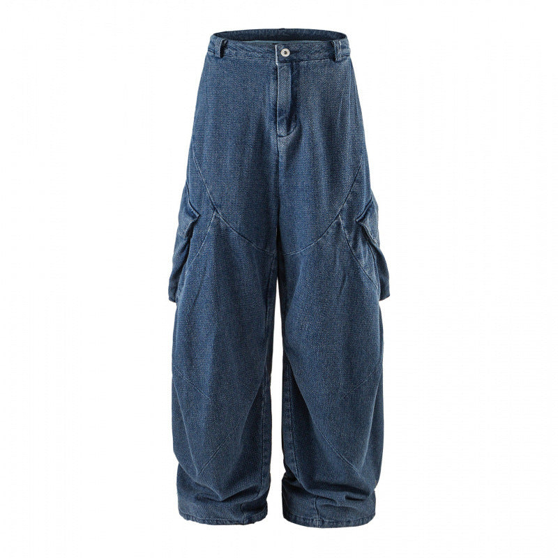 Unisex Wide Cargo Jeans with High Waist, Panel Seams and Flap Pockets Chichicherry