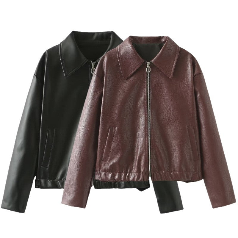 Women Short Oversized Leather Look Jacket with Zipper, Hem Band and Kent Collar Chichicherry