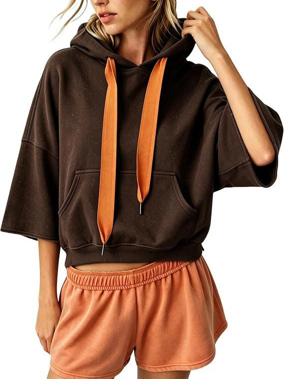 Women's Cropped Hoodie with 3/4 Sleeves and Kangaroo Pocket Chichicherry
