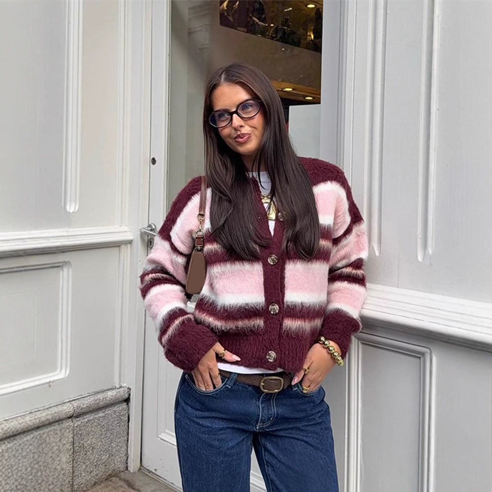 Women's Striped Mohair Blend Knit Cardigan with Button Placket and Cozy Cropped Cut Chichicherry