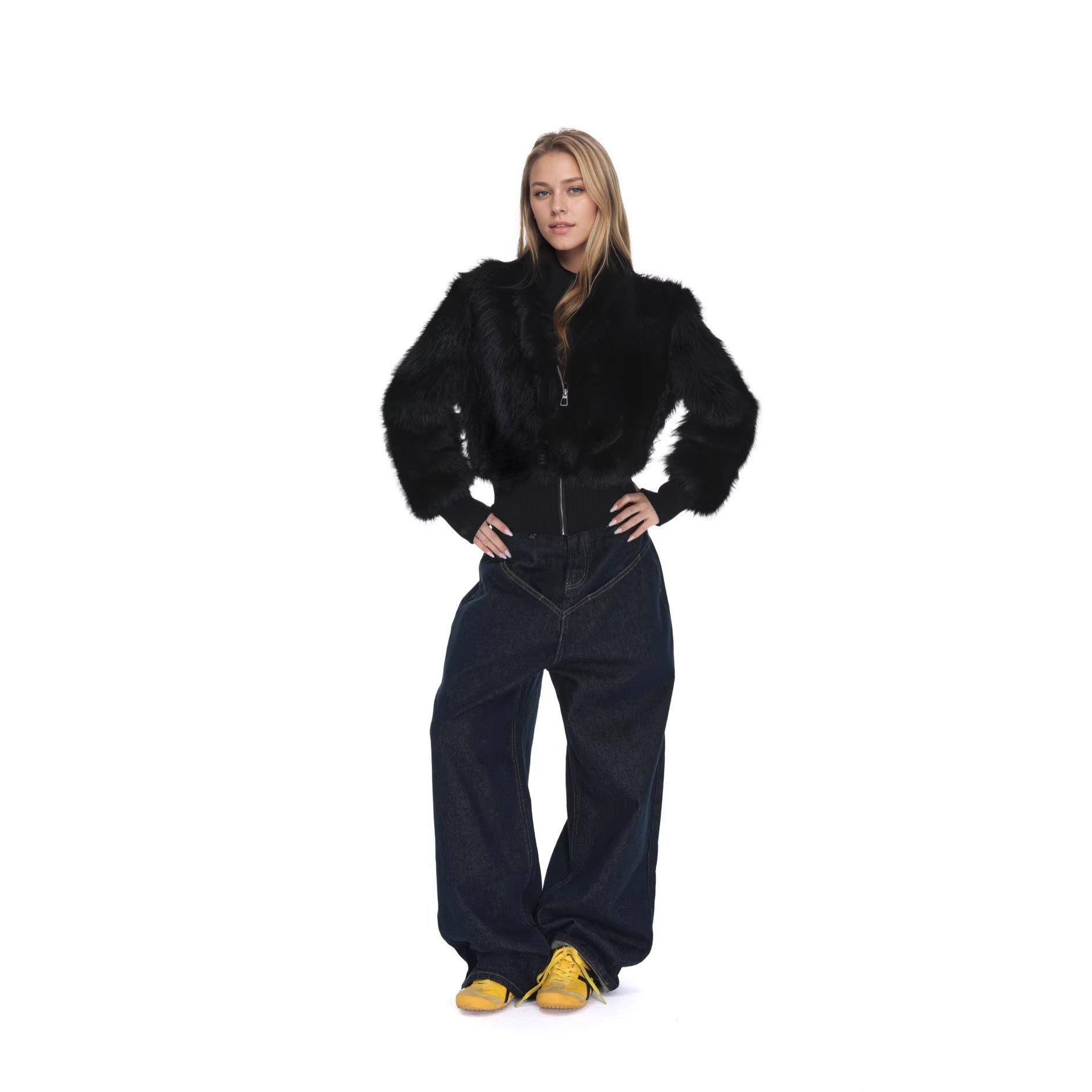 Women's Short Faux Fur Bomber Jacket with Boxy Silhouette and Zipper Detail Chichicherry