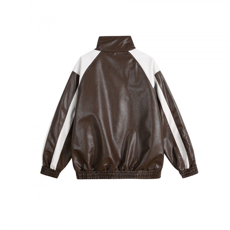 Unisex Retro-inspired Faux Leather Bomber Jacket with Stand-up Collar, Contrast Stripes and Letter Patch Chichicherry