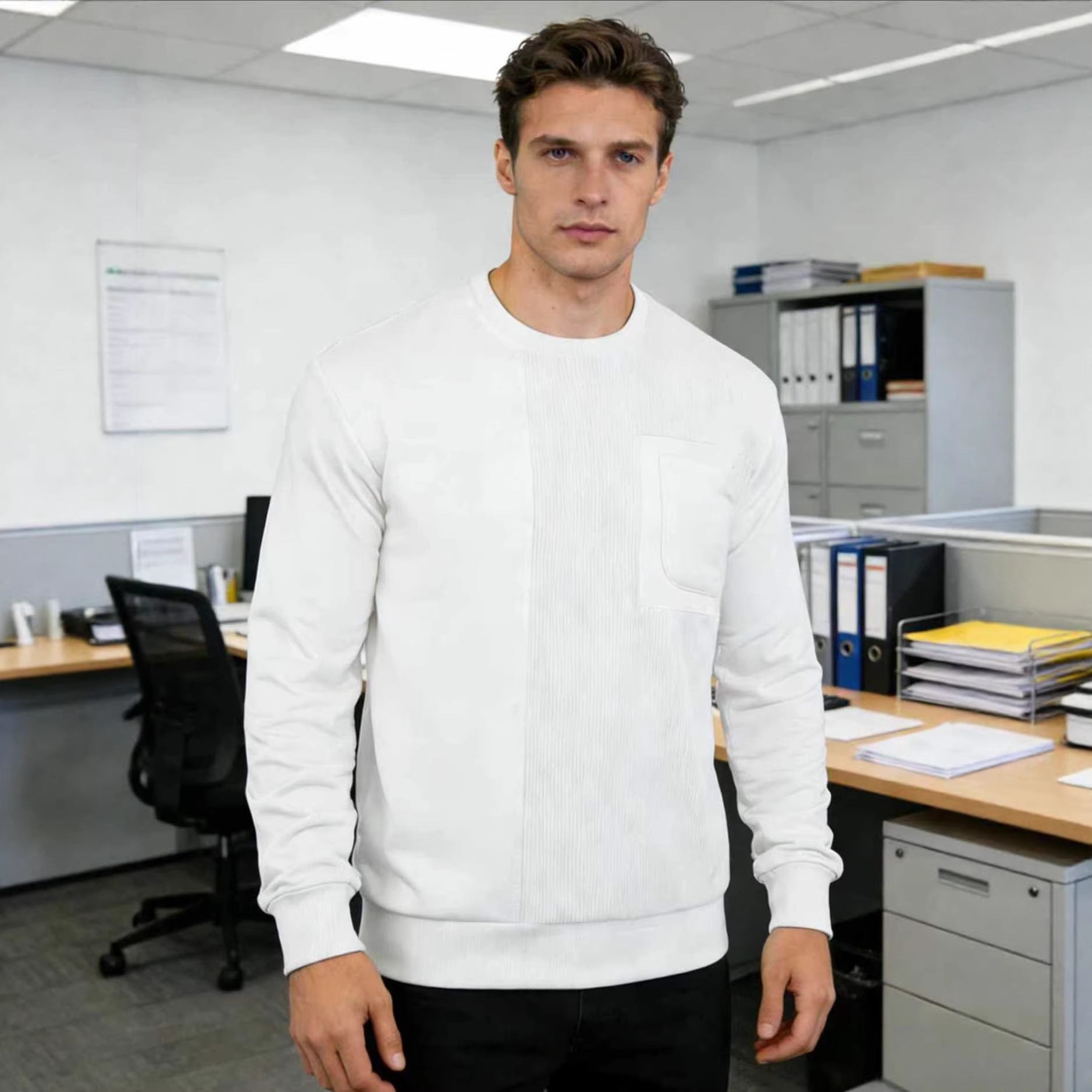 Men's Long Sleeve Textured Sweatshirt with Chest Pocket and Rib Detail Chichicherry