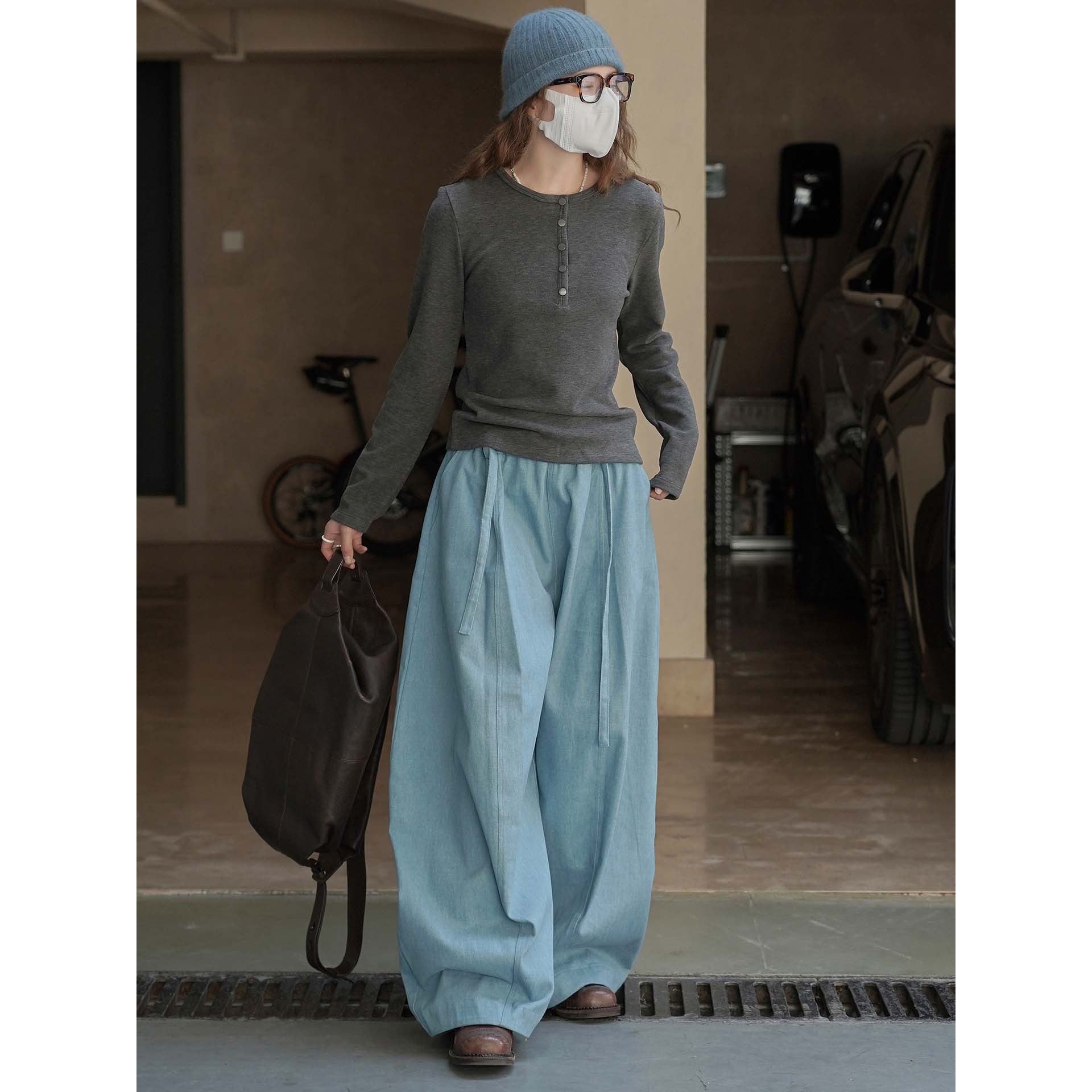 Women Wide High-Waist Twill Balloon Pants with Drawstring and Pleated Pleats Chichicherry