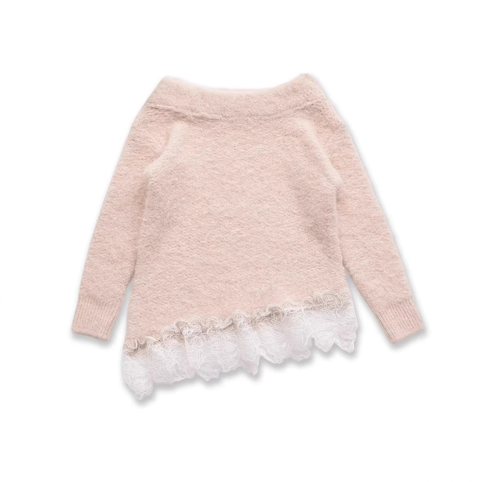Women's Fuzzy Knit Sweater with Off-the-Shoulder Neckline and Lace Trim Chichicherry