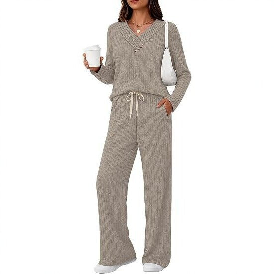 Women's Soft Ribbed Lounge Set with V-Neck and Drawstring Waist