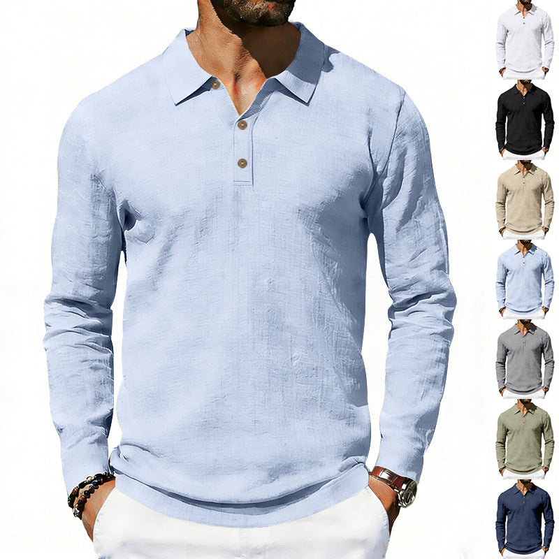 Men's Long Sleeve Polo Shirt made of Cotton Gauze with Three-Button Placket Chichicherry