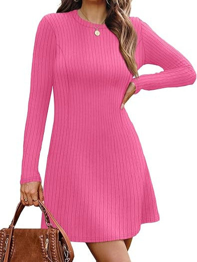 Women's ribbed knit dress with round neckline and figure-flattering A-line silhouette Chichicherry