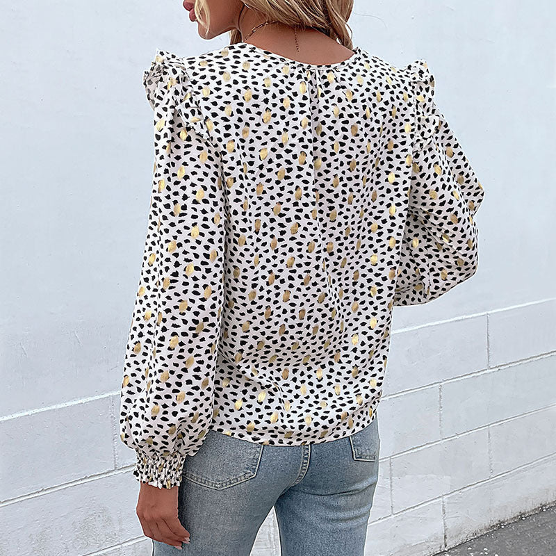 Women's Light Chiffon Blouse with Smocked Sleeve Cuffs, V-Neck and Fine Animal Print