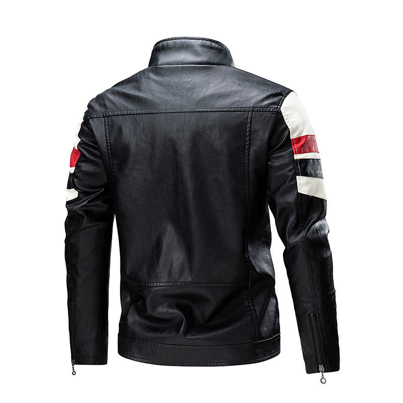 Men's retro-inspired motorcycle leather jacket with racing stripes and stand-up collar Chichicherry