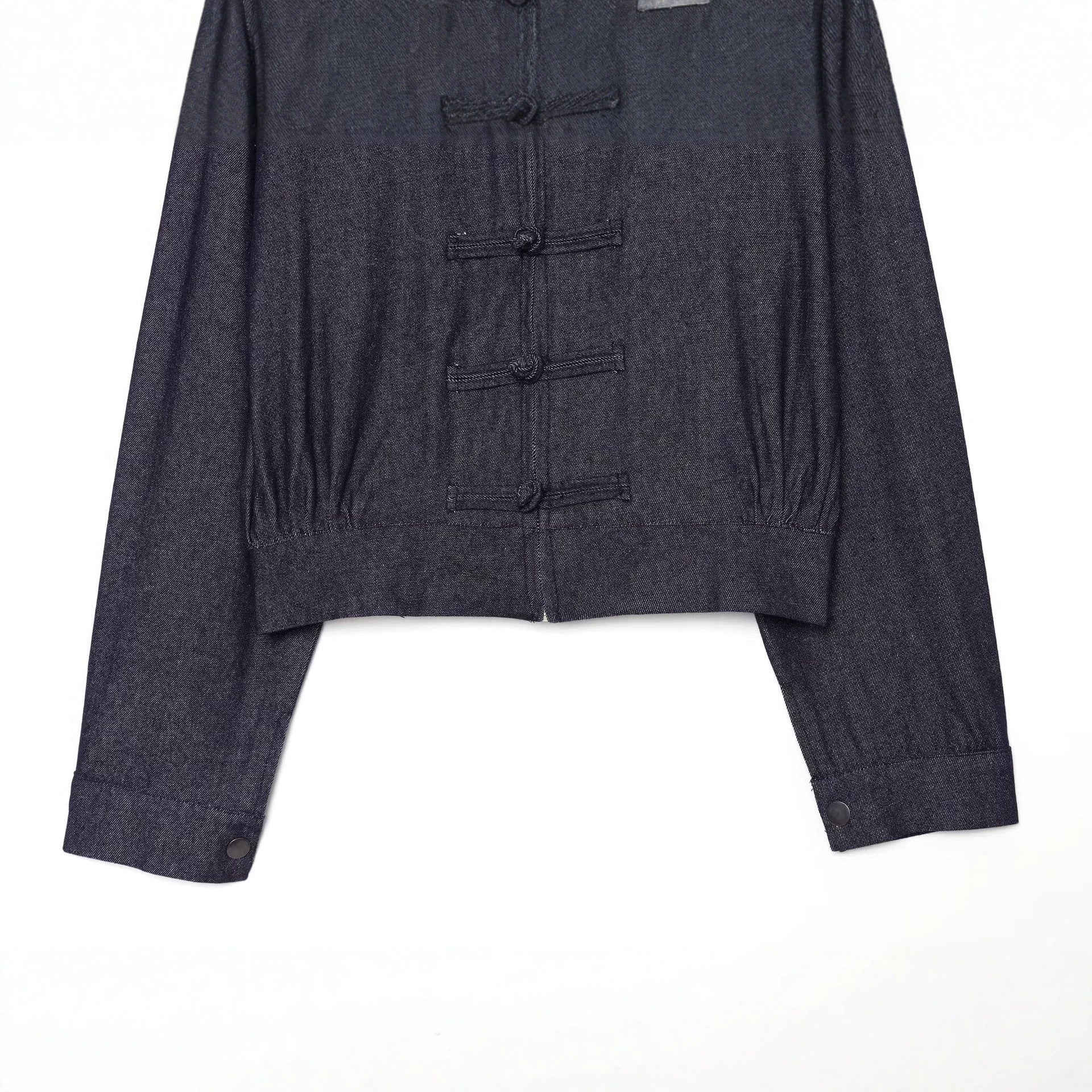 Women's Cropped Jeans Jacket in China Style with Mandarin Collars and Knot Closures Chichicherry