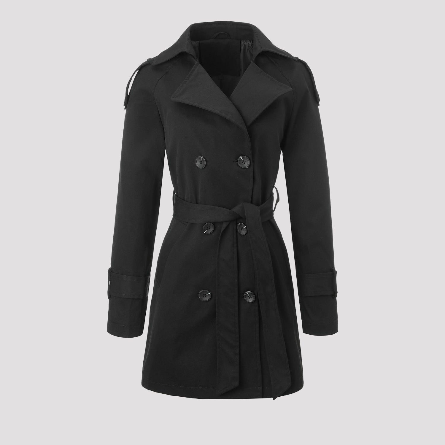 Ladies short trench coat with tailored tie belt and wide lapels Chichicherry